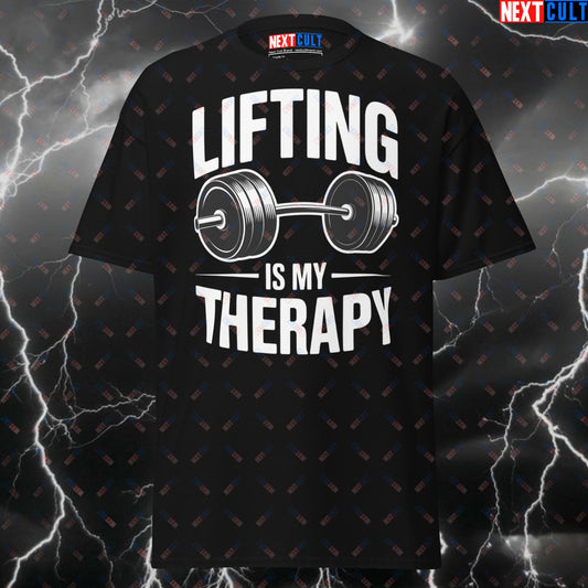 Funny Gym T-Shirt - Lifting Is My Therapy Pump Cover Tee for Gymbros, Workout & Fitness Meme Shirt for Lifters & Gains T-shirts Bodybuilding Fitness Gym Powerlifting Pump Cover Workout Next Cult Brand