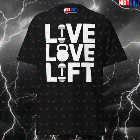 Live Love Lift Funny Gym T-Shirt - Pump Cover Tee for Dumbbell, Kettlebell & Barbell Lifters - Gymbro Meme Workout Top T-shirts Bodybuilding Fitness Gym Pump Cover Workout Next Cult Brand