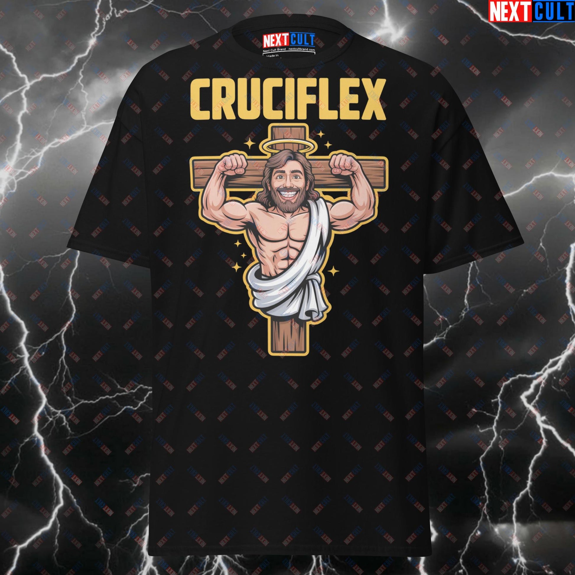 Cruciflex Funny Gym Shirt – Jesus Christ Pump Cover Tee for Gym Bros, Lifters & Fitness Meme Lovers T-shirts Bodybuilding Easter Fitness Gym Jesus Pump Cover Workout Next Cult Brand