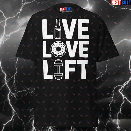 Live Love Lift Funny Gym T-Shirt - Beer Donuts Lifting Meme Tee for Gymbros, Pump Cover Workout Top for Powerlifting Gains T-shirts Bodybuilding Fast Food Fitness Gym Pump Cover Workout Next Cult Brand
