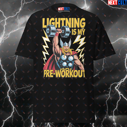 Lightning Is My Pre-workout Thor Gym Hero T-Shirt - Funny Gym Tee for Lifters, Superhero Pump Cover, Meme Workout Top T-shirts Avengers Bodybuilding Films Fitness Gym Pump Cover Superheroes Thor Workout Next Cult Brand