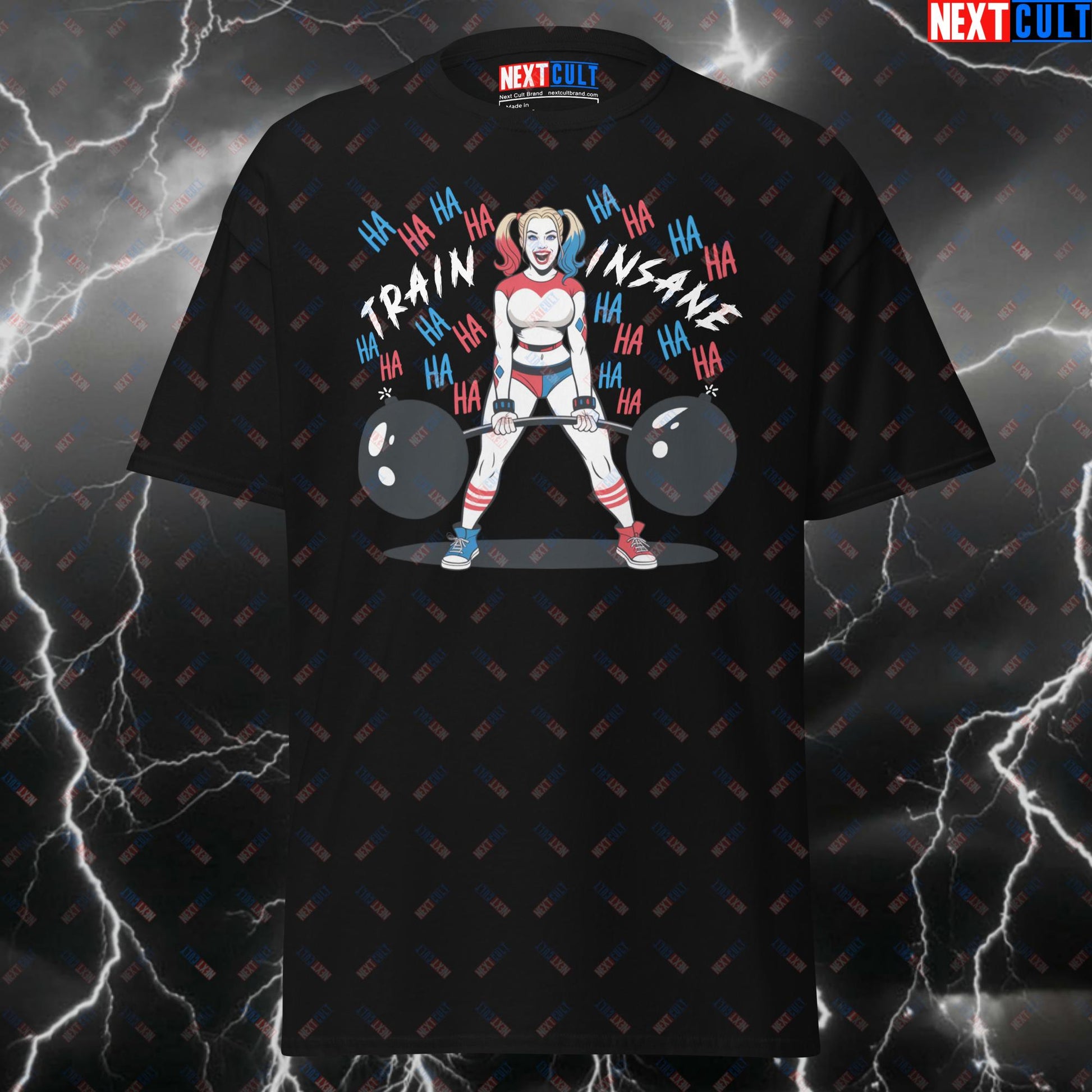Train Insane Harley Quinn Gym Tee - Funny Gym Shirt & Pump Cover for Crazy Gains - Gym Hero Comic Book Meme T-Shirt T-shirts Bodybuilding Films Fitness Gym Halloween Harley Quinn Leg Day Powerlifting Pump Cover Superheroes Workout Next Cult Brand