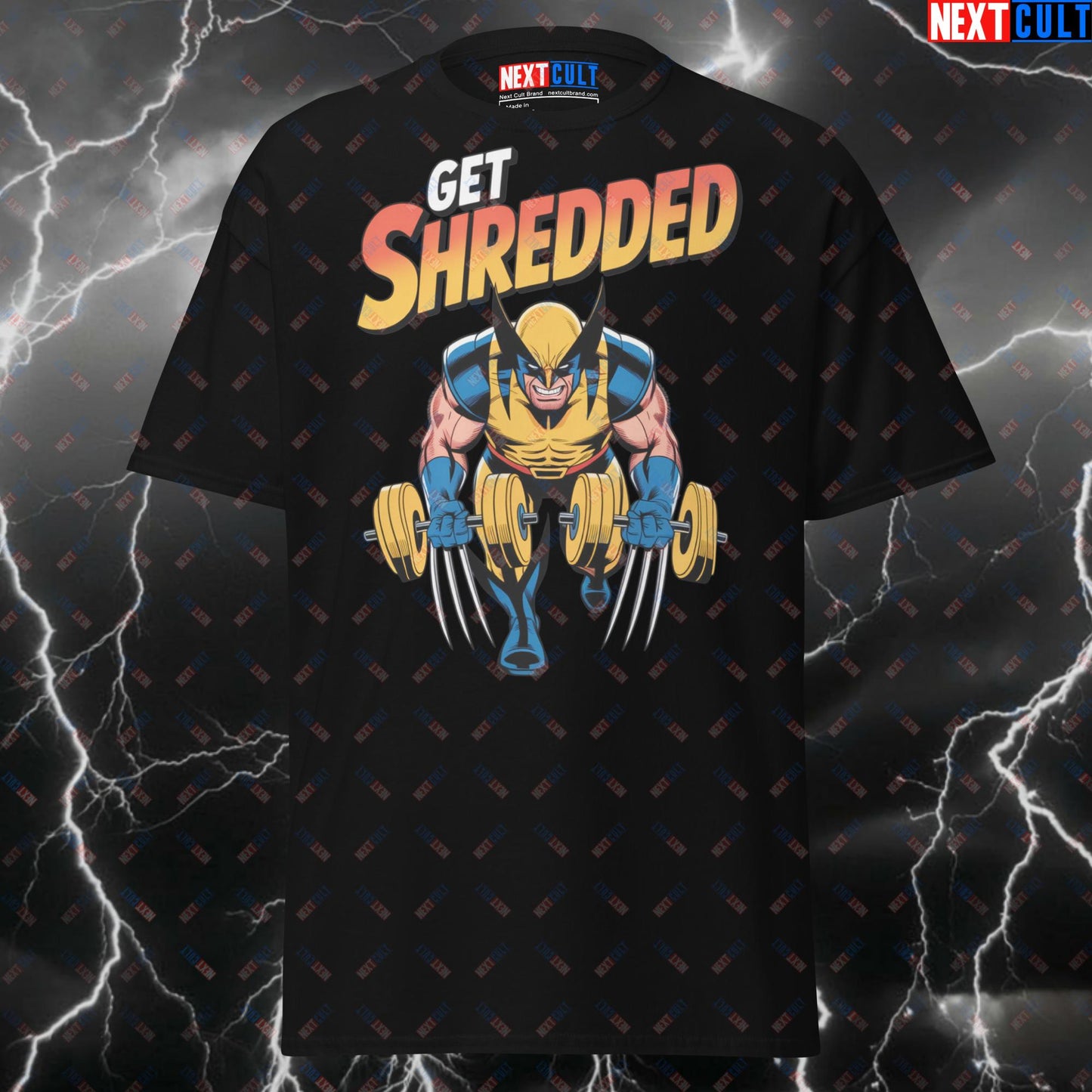 Get Shredded Wolverine Flex Men's T-Shirt - X-Men Gym Hero Superhero Pump Cover Tee for Lifters & Gymbros T-shirts Bodybuilding Films Fitness Gym Pump Cover Superheroes Wolverine Workout X-Men Next Cult Brand