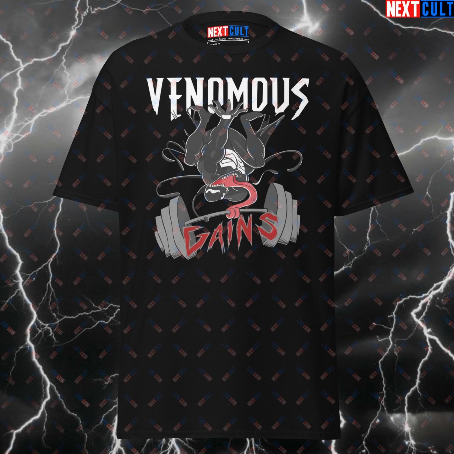 Venomous Gains T-Shirt - Funny Gym Shirt & Pump Cover for Lifters, Bodybuilding Meme Tee, Comic Book Workout Top for Gym Bros T-shirts Bodybuilding Films Fitness Gym Powerlifting Pump Cover Superheroes Venom Workout Next Cult Brand