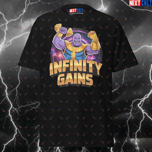 Infinity Gains Thanos Gym Hero Pump Cover Tee for Lifters & Gymbros - Meme Workout Top - Funny Gym T-Shirt T-shirts Bodybuilding Films Fitness Gym Powerlifting Pump Cover Superheroes Thanos Workout Next Cult Brand
