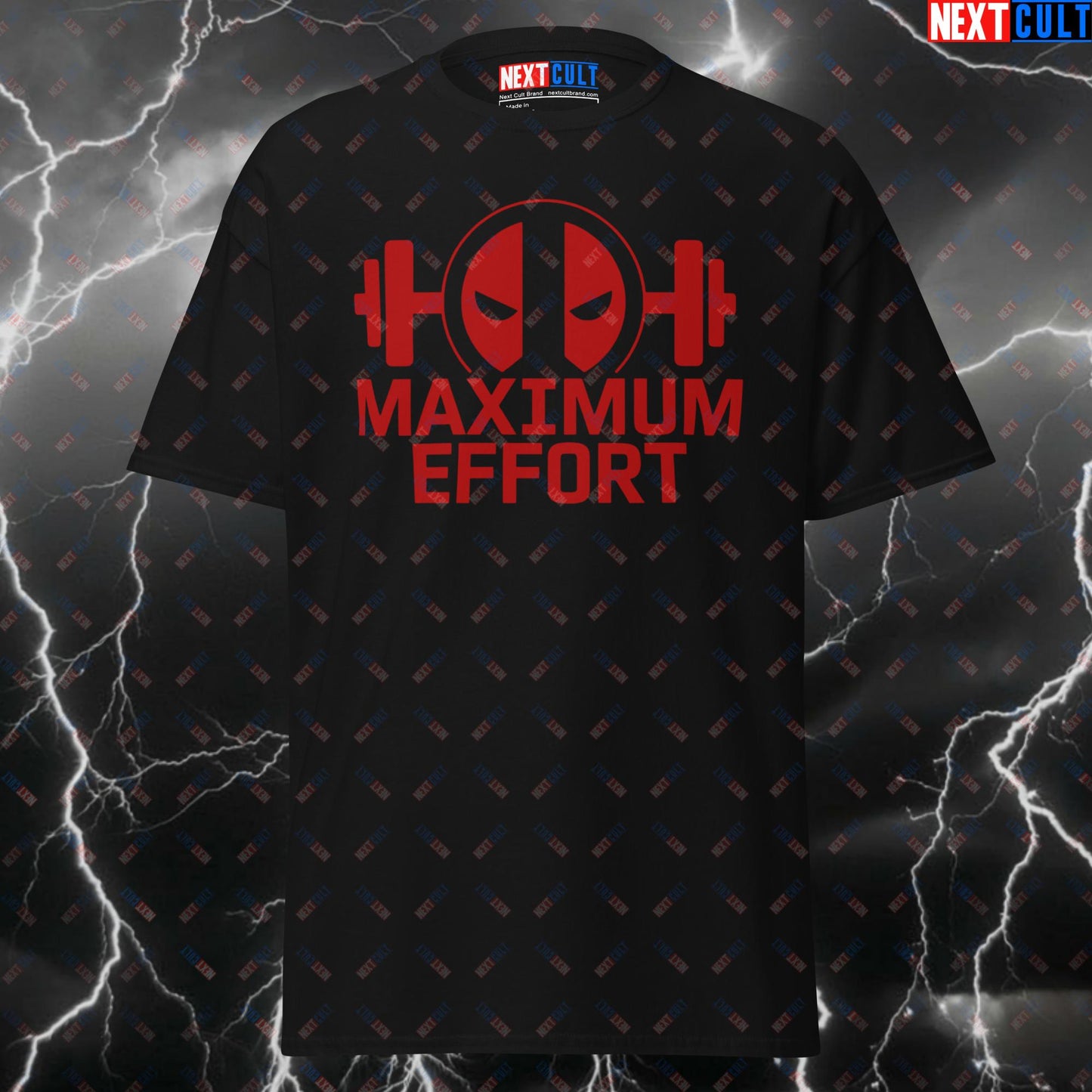 Maximum Effort Deadpool Gym Hero T-Shirt - Funny Superhero Comic Book Tee for Workout & Fitness - Pump Cover Gymbro Meme Shirt T-shirts Bodybuilding Deadpool Films Fitness Gym Powerlifting Pump Cover Superheroes Workout Next Cult Brand