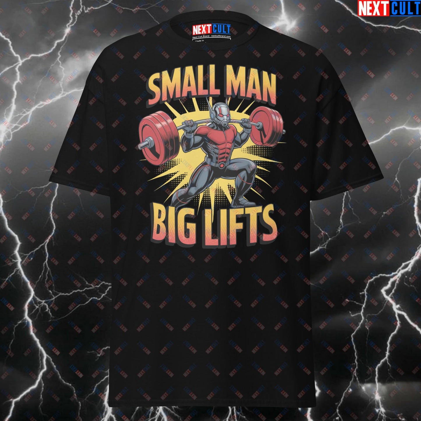 Small Man Big Lifts Funny Gym T-Shirt – Ant-Man Pump Cover Tee for Gym Heroes & Comic Book Lifters T-shirts Ant-Man Avengers Bodybuilding Films Fitness Gym Leg Day Powerlifting Pump Cover Superheroes Workout Next Cult Brand