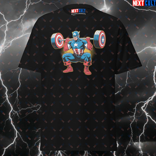 Captain Squats Gym Hero T-Shirt – Funny Leg Day Pump Cover Tee for Gymbros & Lifters T-shirts Avengers Bodybuilding Captain America Films Fitness Gym Leg Day Powerlifting Pump Cover Superheroes Workout Next Cult Brand