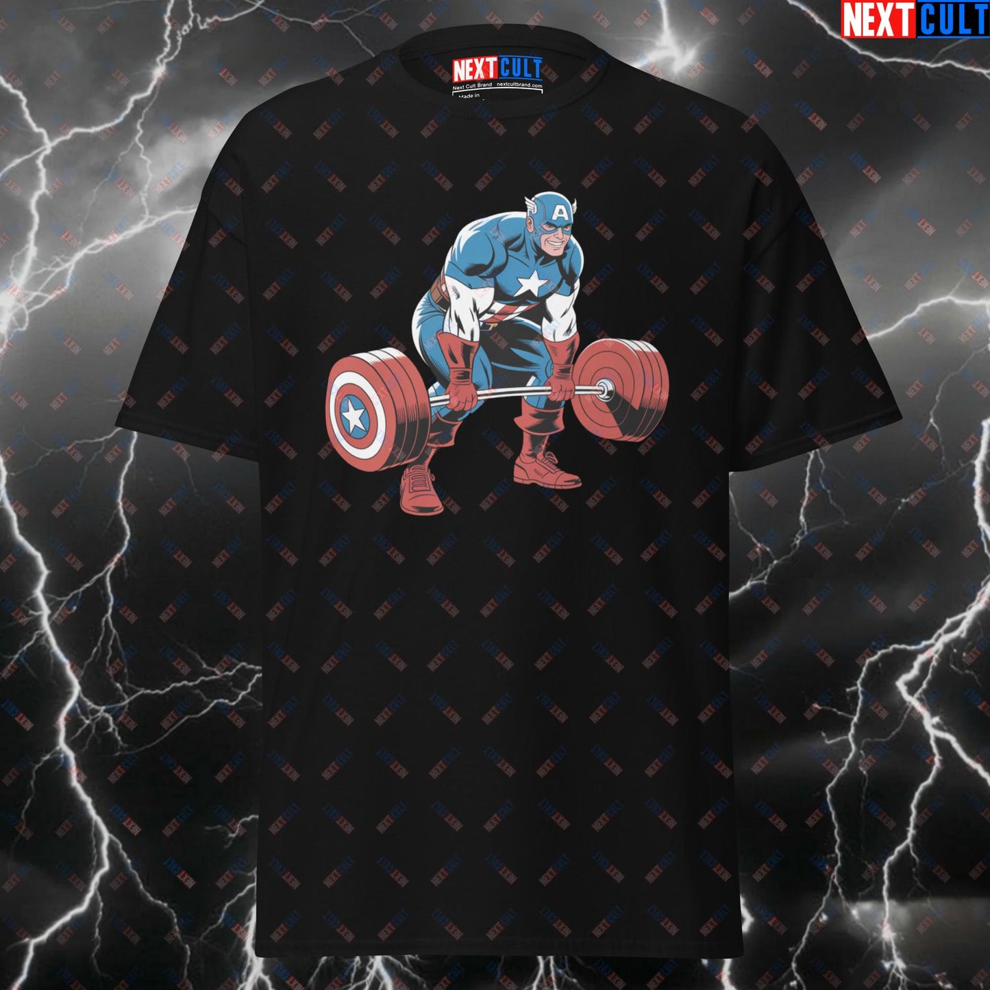 Captain Deadlift Leg Day Tee | Superhero Pump Cover for Lifters | Gymbro Meme Workout Top - Funny Gym T-Shirt T-shirts Avengers Bodybuilding Captain America Films Fitness Gym Leg Day Powerlifting Pump Cover Superheroes Workout Next Cult Brand