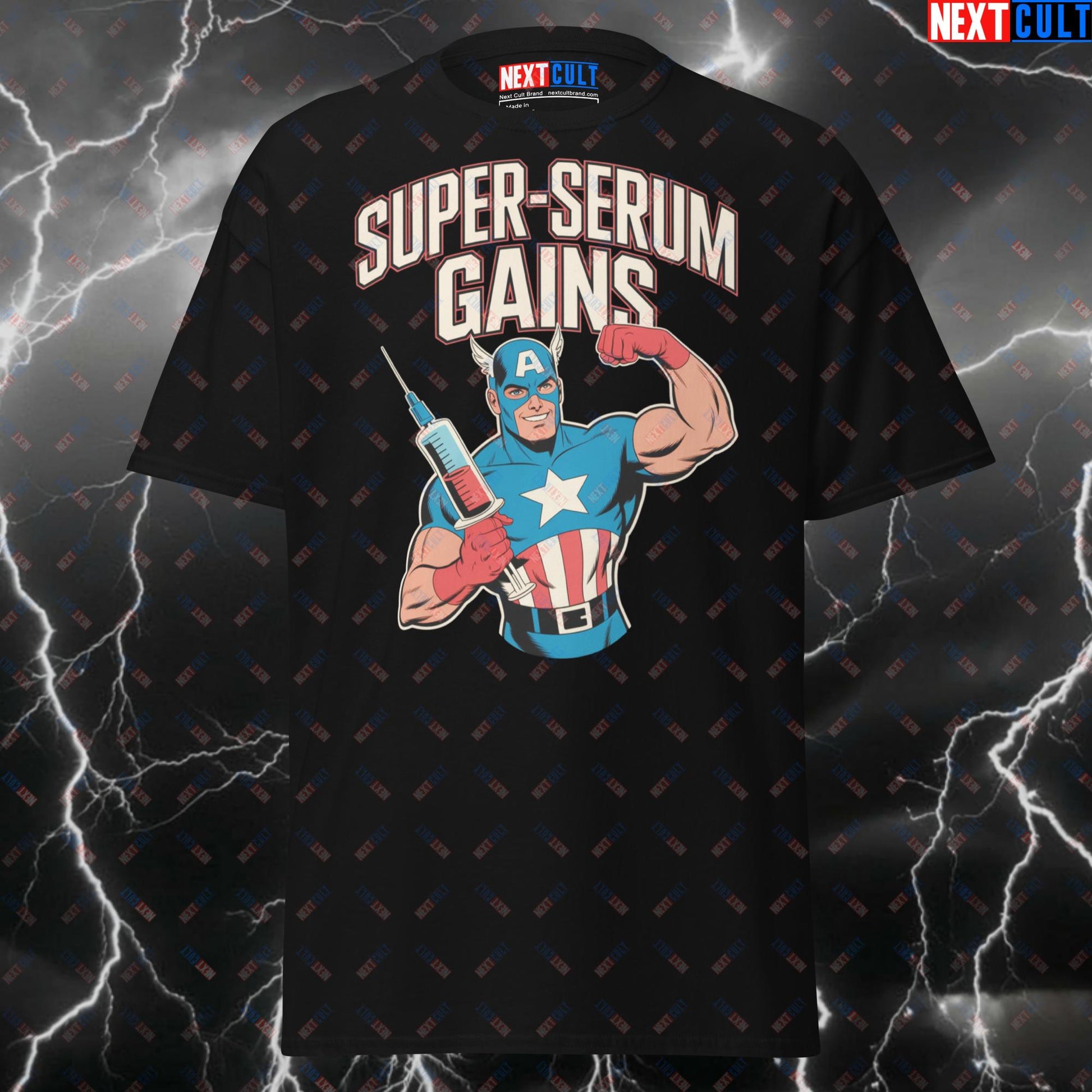 Super Serum Gains Not Natty Funny Gym T-Shirt - Captain America Workout Tee for Lifters & Gym Bros - Meme Pump Cover Top T-shirts Avengers Bodybuilding Captain America Films Fitness Gym Pump Cover Steroids Superheroes Workout Next Cult Brand
