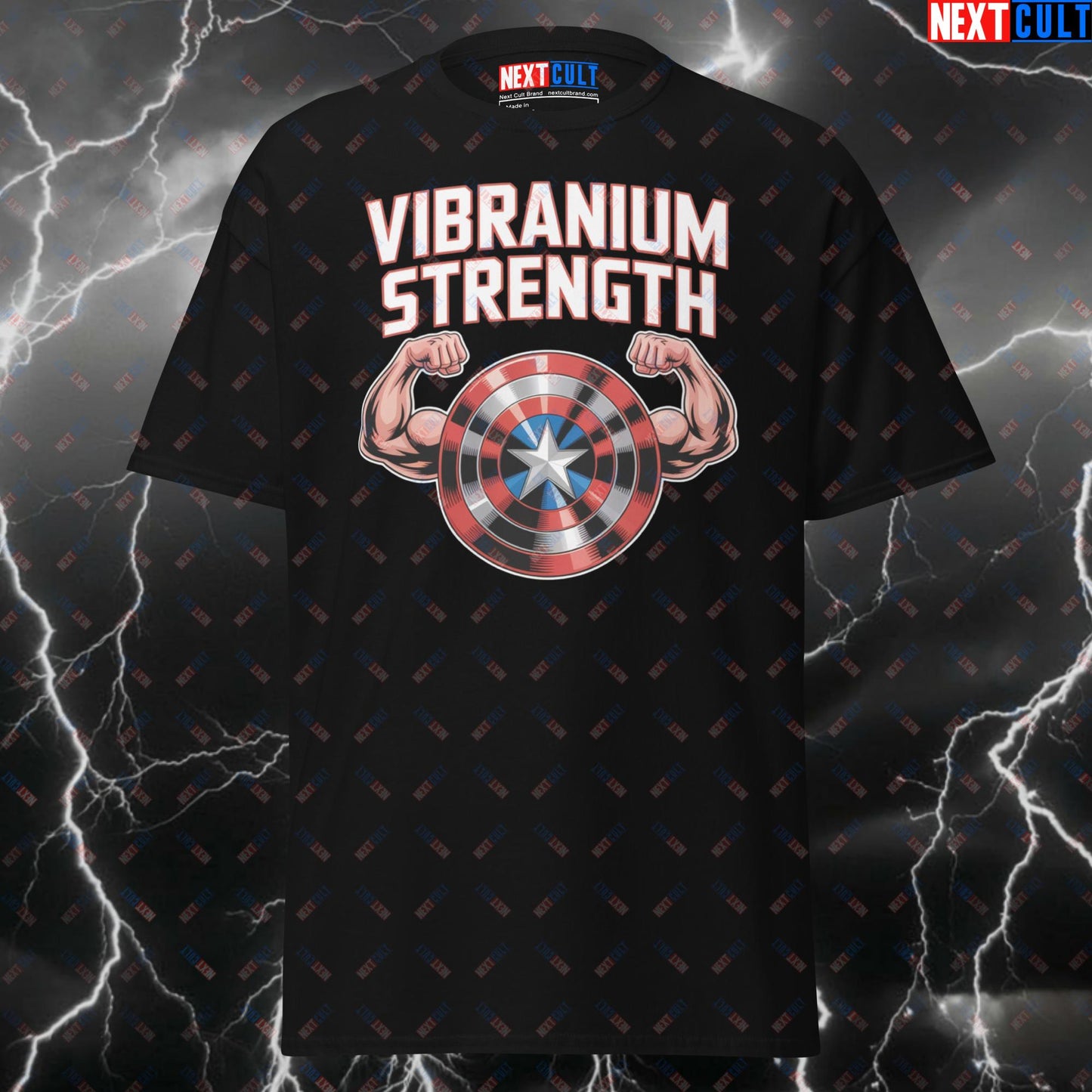 Vibranium Strength Captain America Gym Hero T-Shirt - Funny Superhero Pump Cover Tee for Lifters & Gymbros T-shirts Avengers Bodybuilding Captain America Films Fitness Gym Pump Cover Superheroes Workout Next Cult Brand