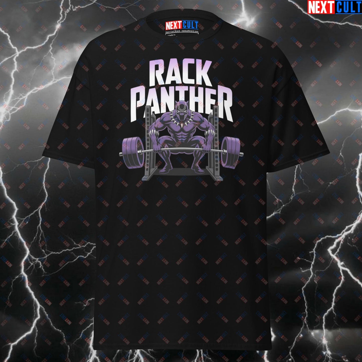 Rack Panther Funny Gym T-Shirt - Squat Rack Superhero Pump Cover Tee for Lifters, Gym Bros & Fitness Meme Lovers T-shirts Avengers Black Panther Bodybuilding Films Fitness Gym Powerlifting Pump Cover Superheroes Workout Next Cult Brand