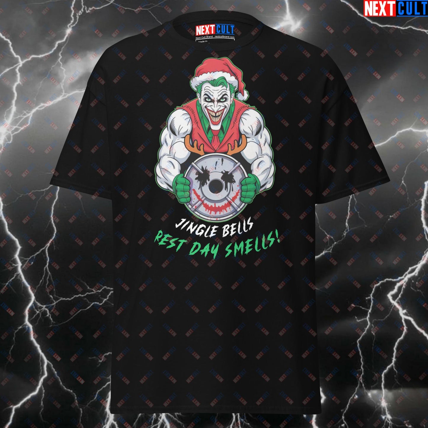Funny Christmas Gym Shirt - Jingle Bells Rest Day Smells Jacked Joker Pump Cover Tee for Lifters, Gym Villains & Fitness Meme Lovers T-shirts Bodybuilding Christmas Films Fitness Gym Joker Powerlifting Pump Cover Superheroes Workout Next Cult Brand