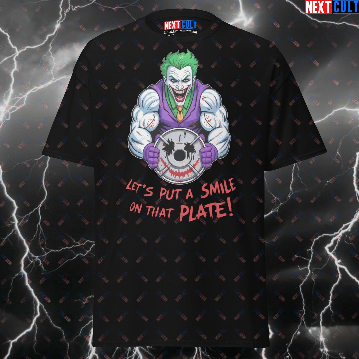 Let's Put A Smile On That Plate Funny Gym T-Shirt – Jacked Joker Pump Cover Tee for Lifters & Gym Villains T-shirts Bodybuilding Films Fitness Gym Halloween Joker Powerlifting Pump Cover Superheroes Workout Next Cult Brand