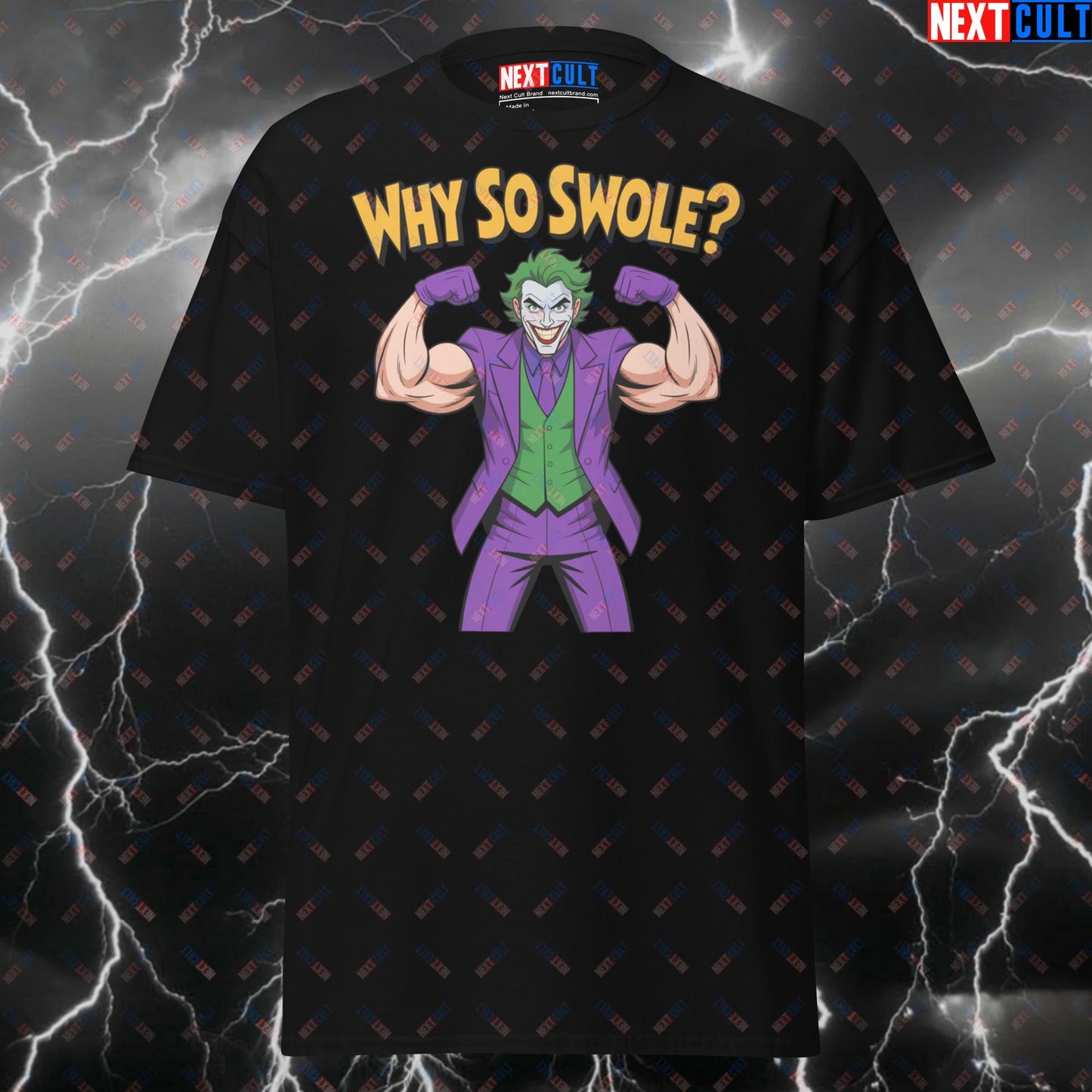 Why So Swole? Jacked Joker Gym Villain Funny Gym T-Shirt - Comic Book Meme Tee for Lifters & Gymbros - Pump Cover Workout Top T-shirts Bodybuilding Films Fitness Gym Halloween Joker Pump Cover Superheroes Workout Next Cult Brand