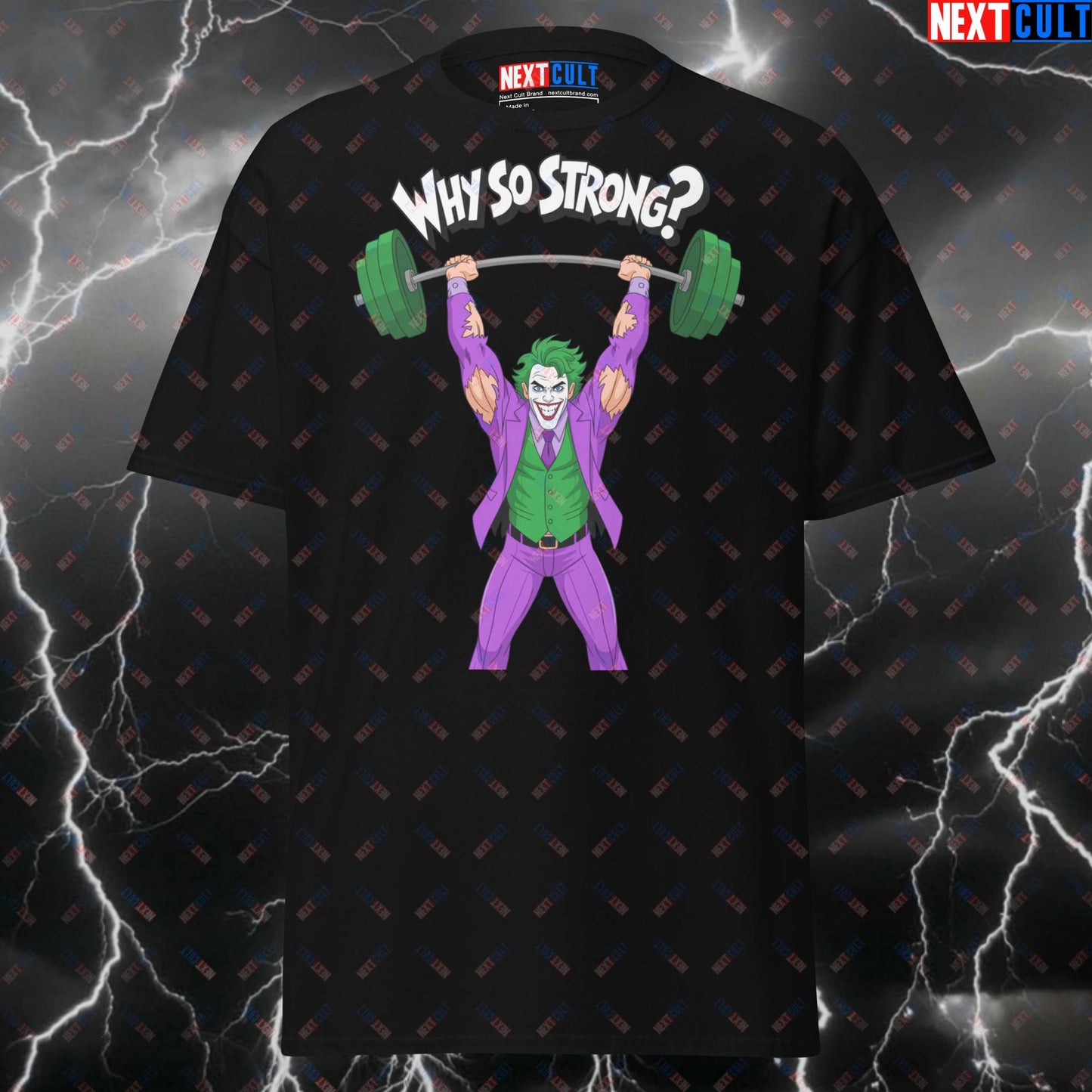 Why So Strong? Jacked Joker Gym Villain T-Shirt - Funny Gym Meme Tee for Lifters, Bodybuilding & Powerlifting Gains Pump Cover T-shirts Bodybuilding Films Fitness Gym Halloween Joker Powerlifting Pump Cover Superheroes Workout Next Cult Brand