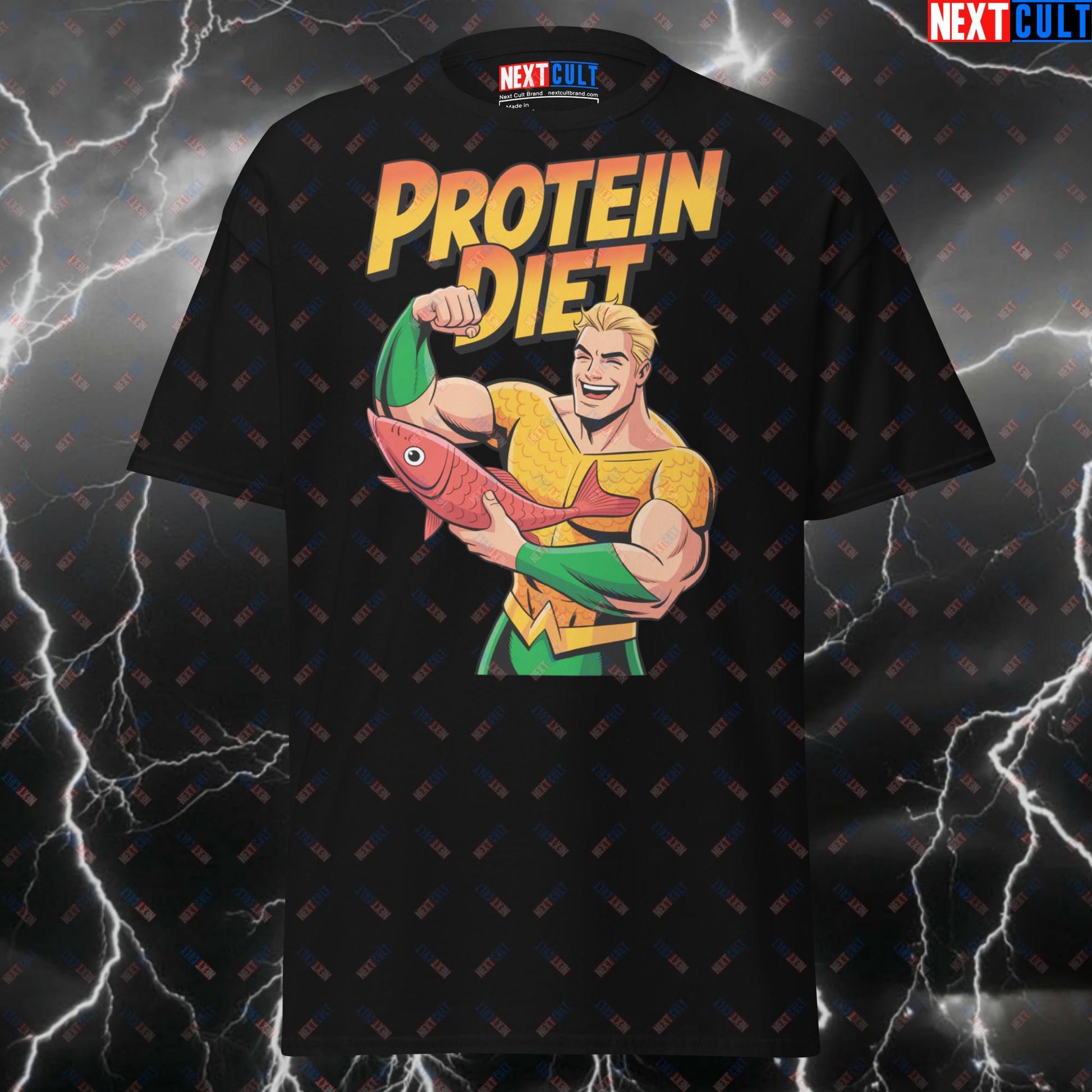 Funny Gym Shirt for Lifters - Aquaman Protein Diet Fish & Seafood Meme Tee - Gym Hero Workout Top & Pump Cover for Bodybuilding Gains T-shirts Aquaman Bodybuilding Fast Food Films Fitness Gym Justice League Pump Cover Superheroes Workout Next Cult Brand