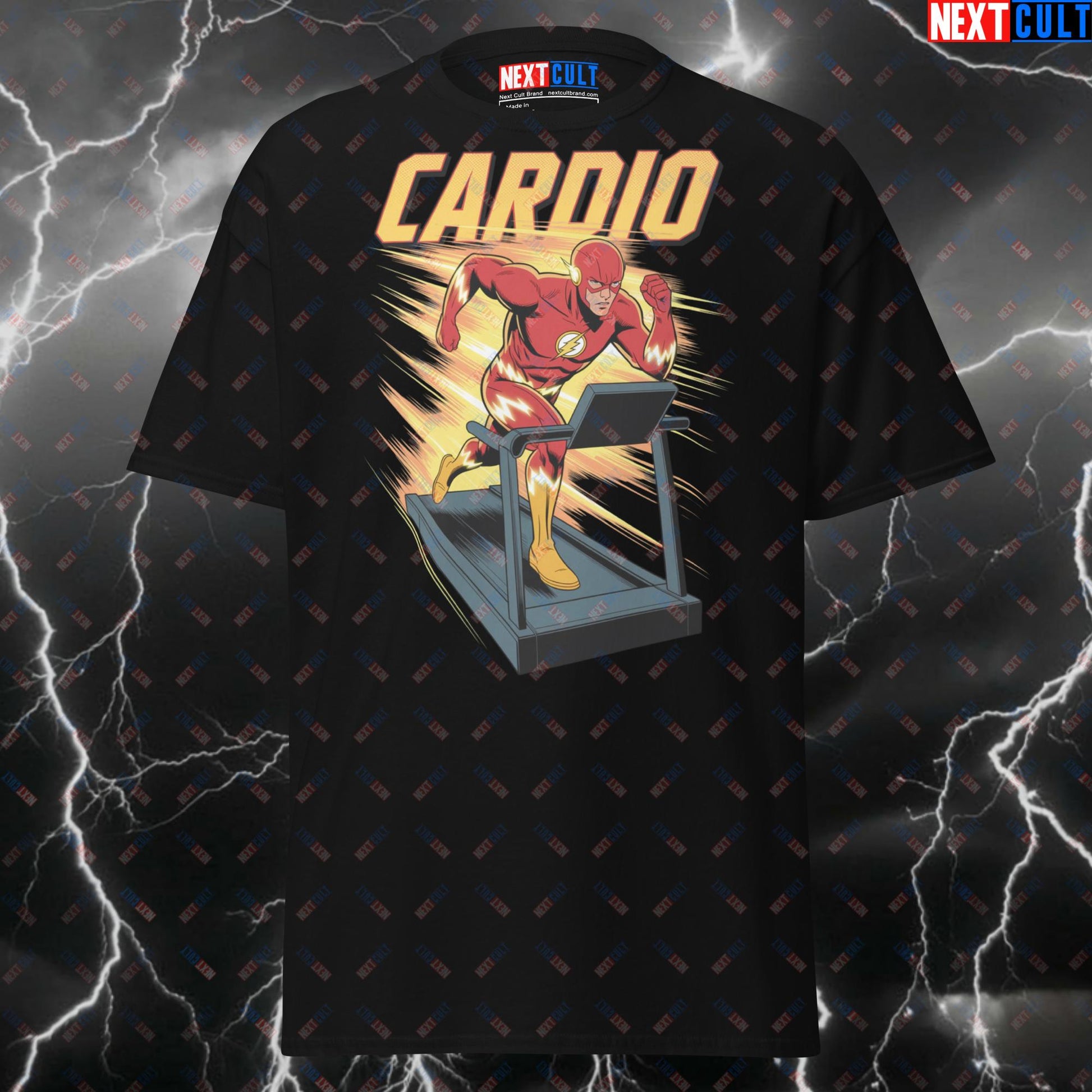Cardio Speed Superhero Tee for Treadmill Workouts | Gymbro Meme Pump Cover Top - Funny Gym T-Shirt T-shirts Cardio Films Fitness Flash Gym Justice League Pump Cover Superheroes Workout Next Cult Brand