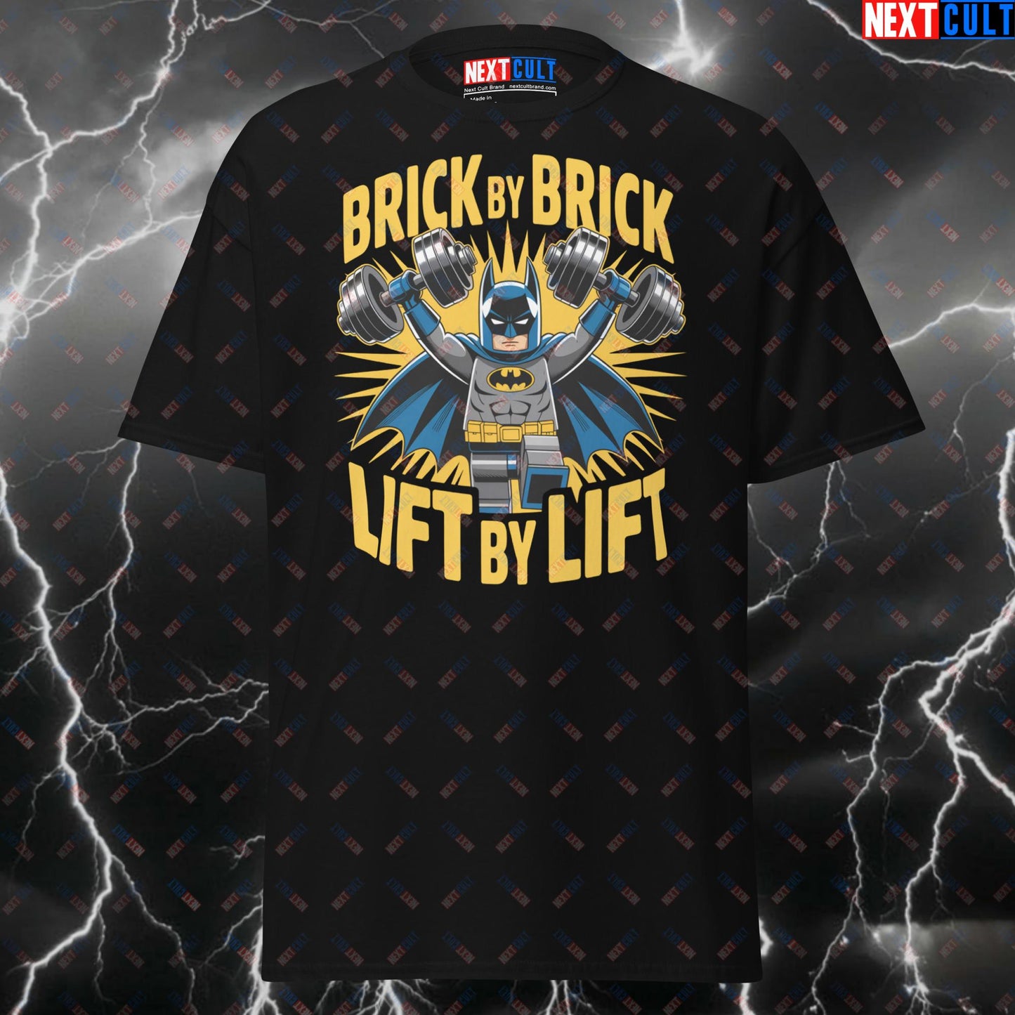 Funny LEGO Batman Gym Hero T-Shirt - Brick By Brick Lift By Lift Pump Cover Tee for Gymbros & Fitness Meme Lovers T-shirts Batman Bodybuilding Films Fitness Gym Justice League LEGO Pump Cover Superheroes Workout Next Cult Brand