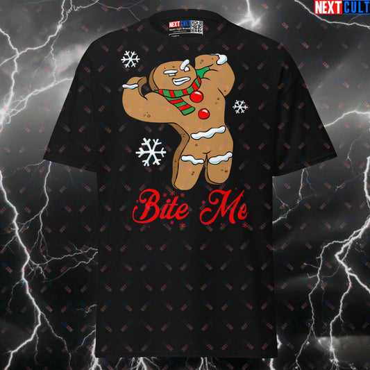 Funny Gym Christmas Shirt: Bite Me Gingerbread Man Pump Cover Tee for Lifters & Gains T-shirts Bodybuilding Christmas Films Fitness Gym Pump Cover Workout Next Cult Brand