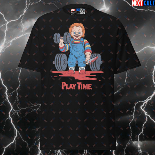 Chucky's Play Time Gym Tee - Funny Horror Movie Pump Cover Shirt for Lifters & Gains T-shirts Bodybuilding Films Fitness Gym Halloween Leg Day Powerlifting Pump Cover Workout Next Cult Brand