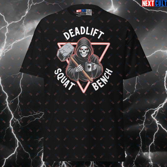 Holy Trinity Gym T-Shirt | Funny Deadlift Squat Bench Pump Cover Tee for Lifters T-shirts Bodybuilding Fitness Gym Halloween Leg Day Powerlifting Pump Cover Workout Next Cult Brand