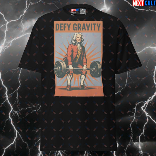 Defy Gravity Gym T-Shirt | Isaac Newton Deadlift Meme Tee | Funny Science Based Lifting Pump Cover Top T-shirts Bodybuilding Fitness Gym Leg Day Powerlifting Pump Cover Workout Next Cult Brand