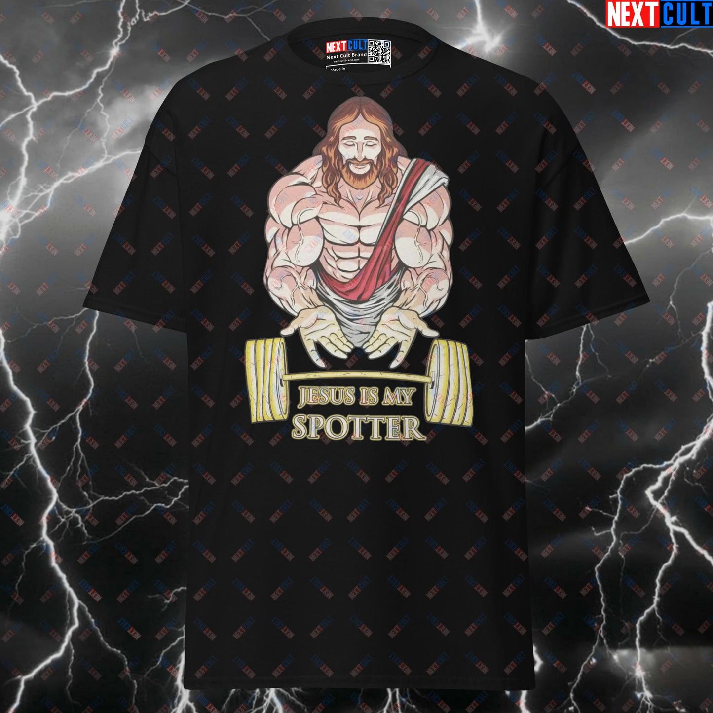 Jesus Is My Spotter Funny Gym Shirt - Graphic Tee for Lifters & Fitness Meme Pump Cover Top T-shirts Bodybuilding Easter Fitness Gym Jesus Powerlifting Pump Cover Workout Next Cult Brand