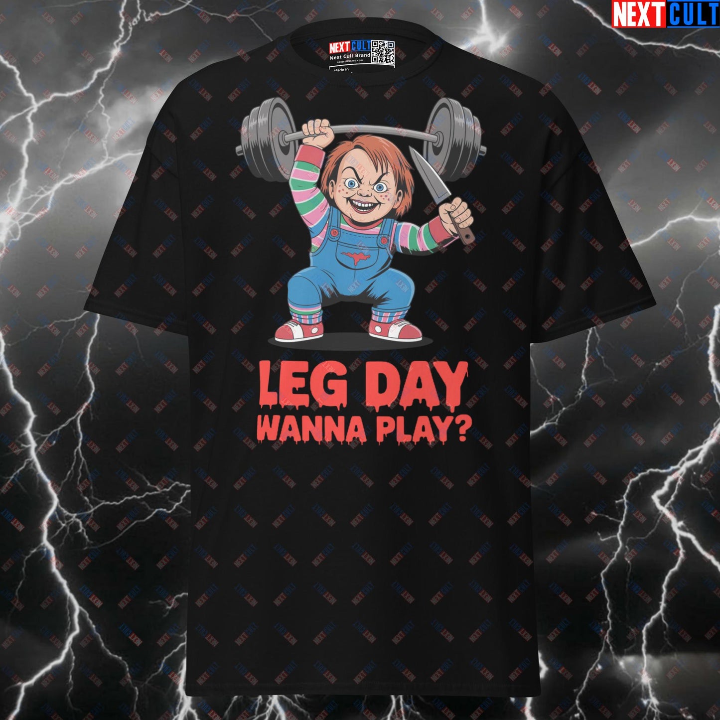 Leg Day Wanna Play? Funny Horror Gym T-Shirt - Chucky Meme Pump Cover Tee Next Cult Brand
