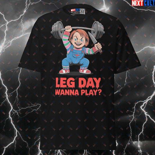 Leg Day Wanna Play? Funny Horror Gym T-Shirt - Chucky Meme Pump Cover Tee T-shirts Bodybuilding Films Fitness Gym Halloween Leg Day Powerlifting Pump Cover Workout Next Cult Brand