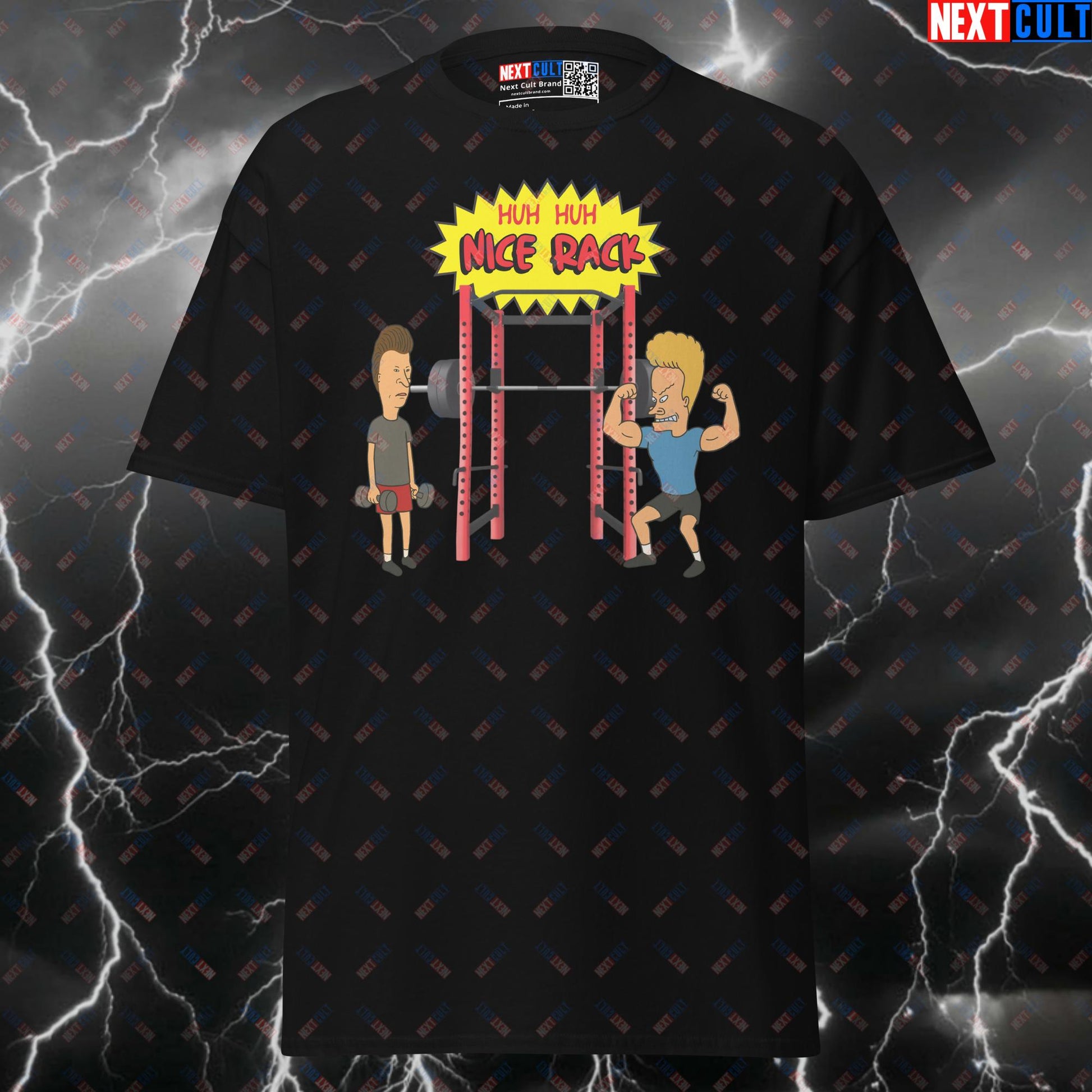 Huh Huh Nice Rack Funny Gym T-Shirt | Beavis and Butt-Head Squat Rack Pump Cover Tee T-shirts Beavis and Butt-Head Bodybuilding Fitness Gym Home Gym Powerlifting Pump Cover TV Workout Next Cult Brand