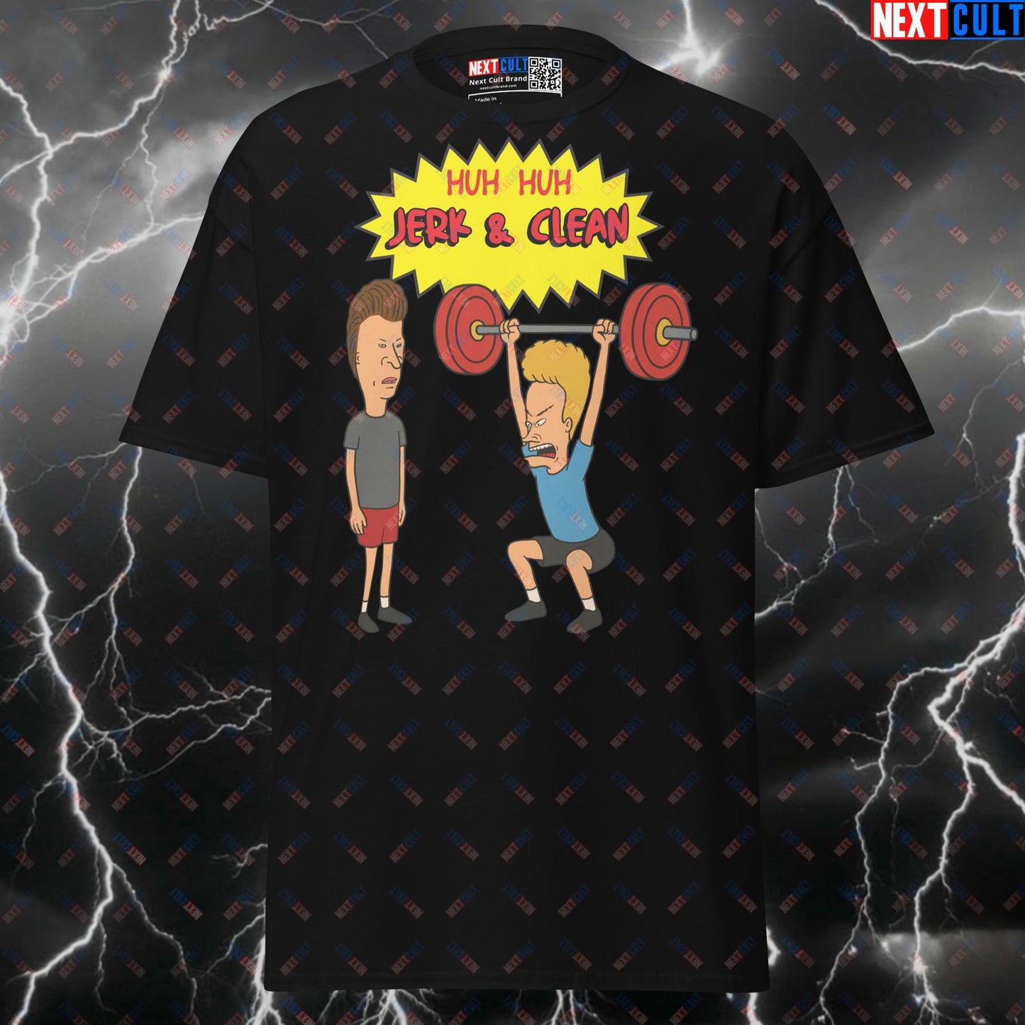 Huh Huh Jerk & Clean Funny Gym Shirt | Beavis and Butt-head Workout Tee for Lifters & Pump Cover Top T-shirts Beavis and Butt-Head Fitness Gym Pump Cover TV Workout Next Cult Brand