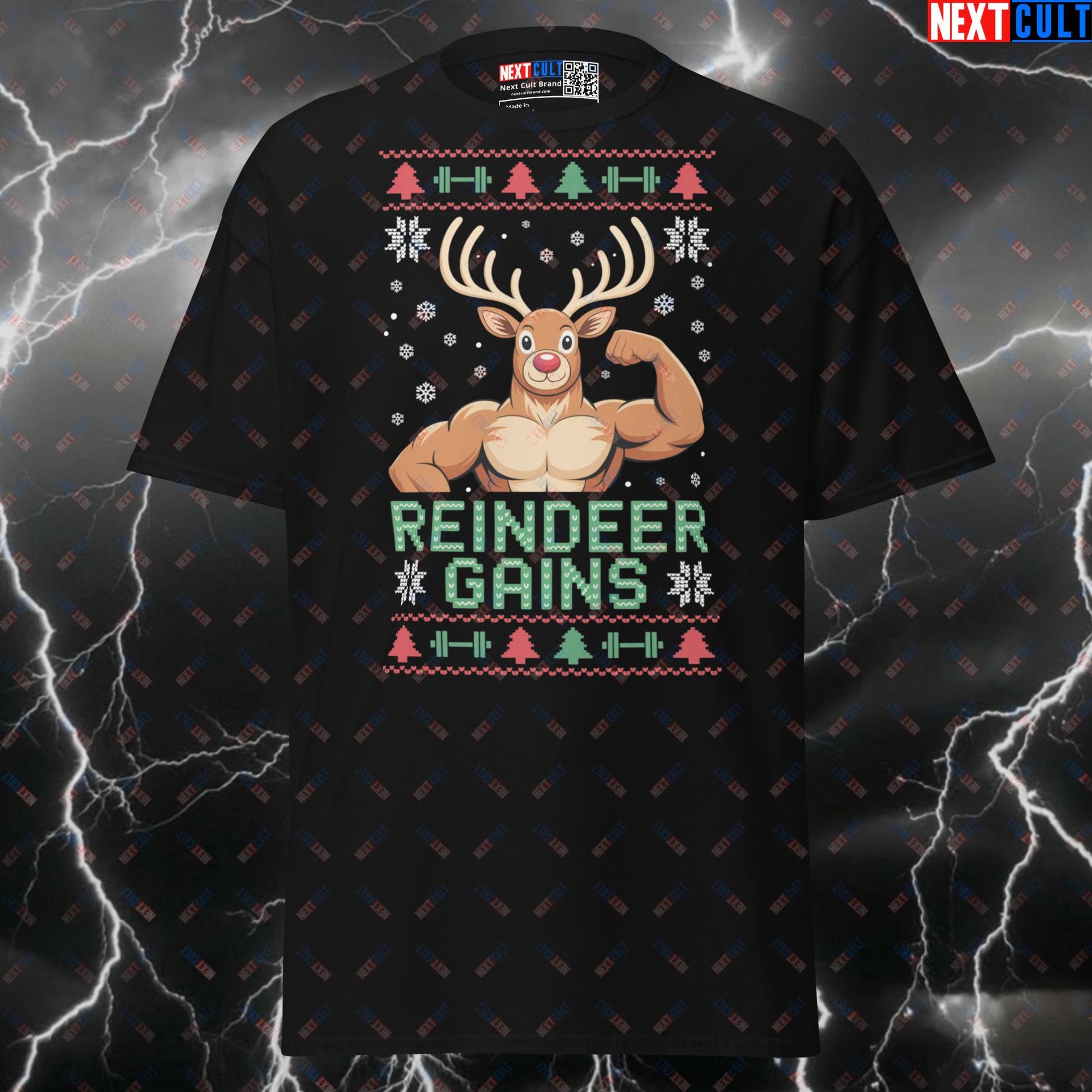 Reindeer Gains Funny Christmas Gym Meme Tee - Festive Fitmas Pump Cover Shirt for Lifters T-shirts Bodybuilding Christmas Fitness Gym Pump Cover Workout Next Cult Brand
