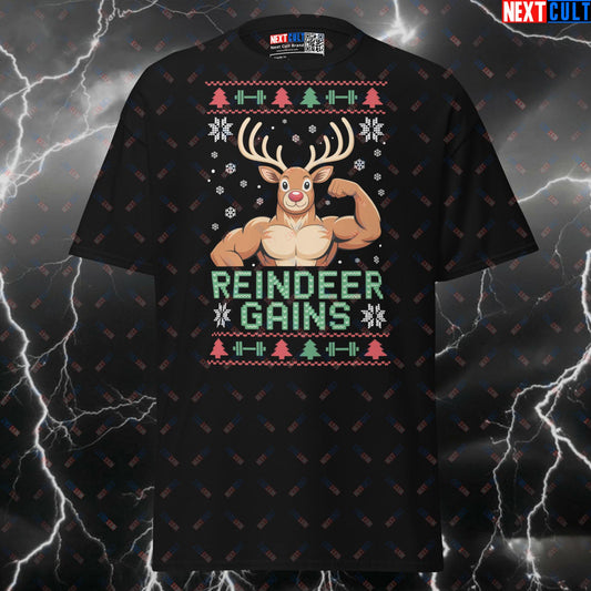 Reindeer Gains Funny Christmas Gym Meme Tee - Festive Fitmas Pump Cover Shirt for Lifters T-shirts Bodybuilding Christmas Fitness Gym Pump Cover Workout Next Cult Brand