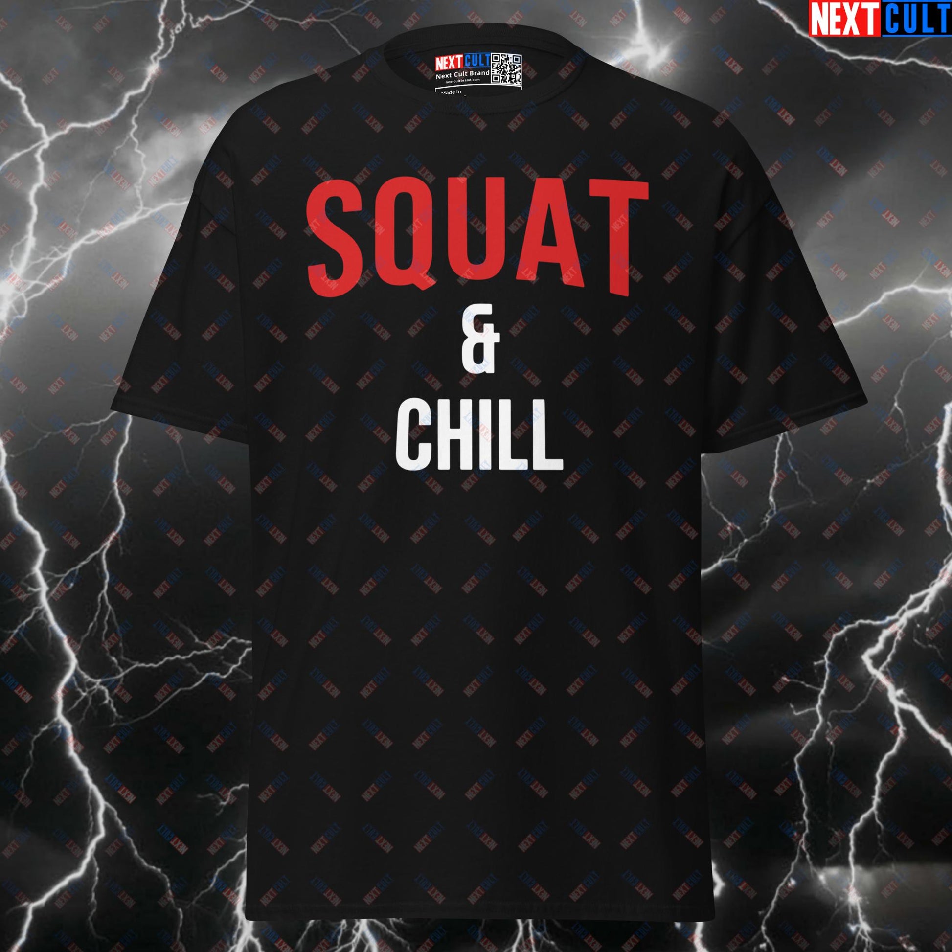Squat and Chill Funny Gym T-Shirt | Leg Day Pump Cover Graphic Tee for Netflix & Gains T-shirts Bodybuilding Films Fitness Gym Leg Day Powerlifting Pump Cover TV Workout Next Cult Brand