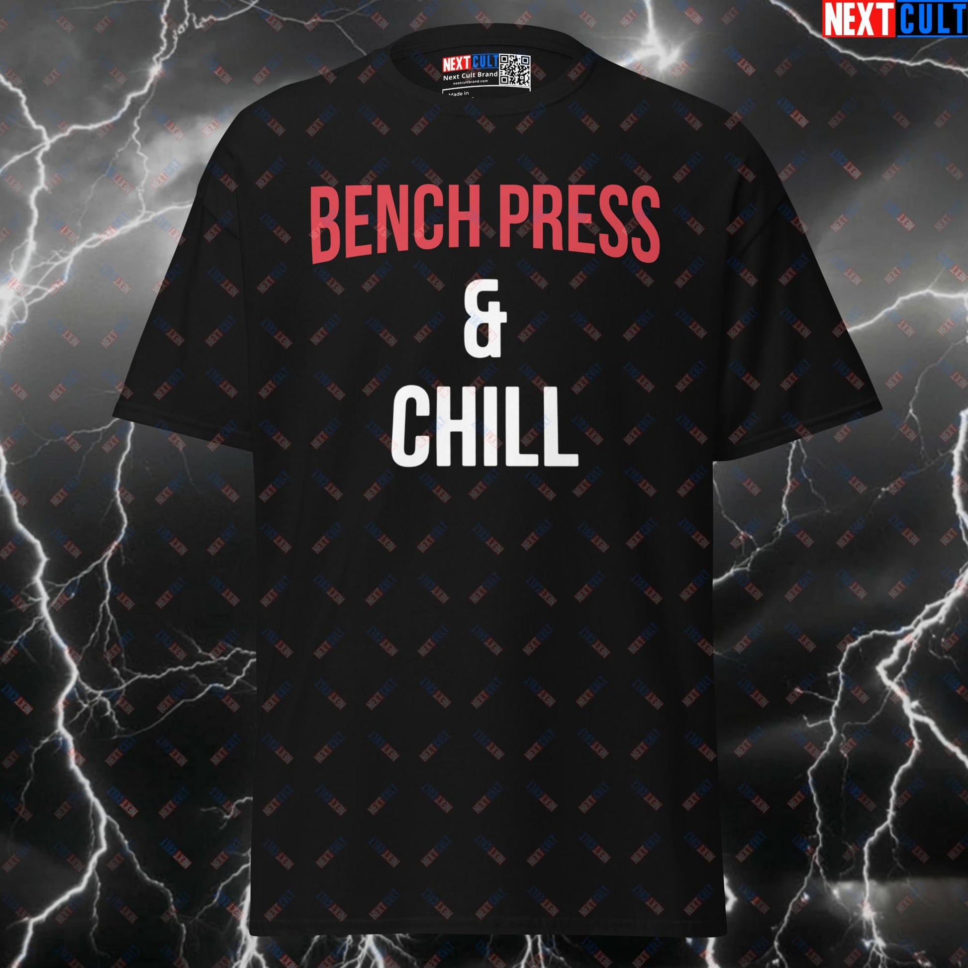 Bench Press and Chill Funny Gym T-Shirt - Netflix & Gains Graphic Tee Pump Cover Top T-shirts Bodybuilding Films Fitness Gym Powerlifting Pump Cover TV Workout Next Cult Brand