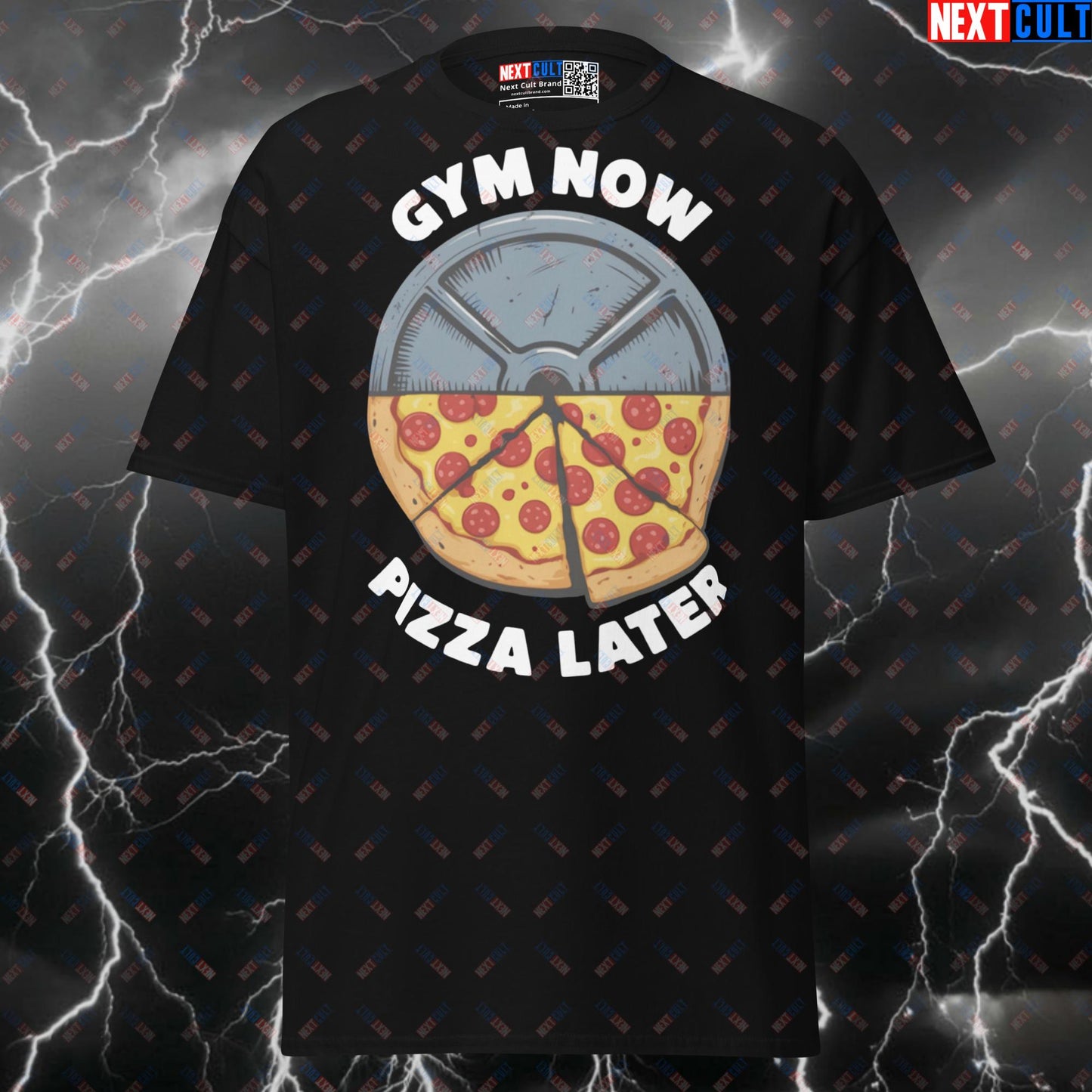 Gym Now Pizza Later Funny Gym Shirt - Graphic Tee for Lifters & Pizza Lovers Meme Pump Cover Top T-shirts Bodybuilding Fast Food Fitness Gym Powerlifting Pump Cover Workout Next Cult Brand