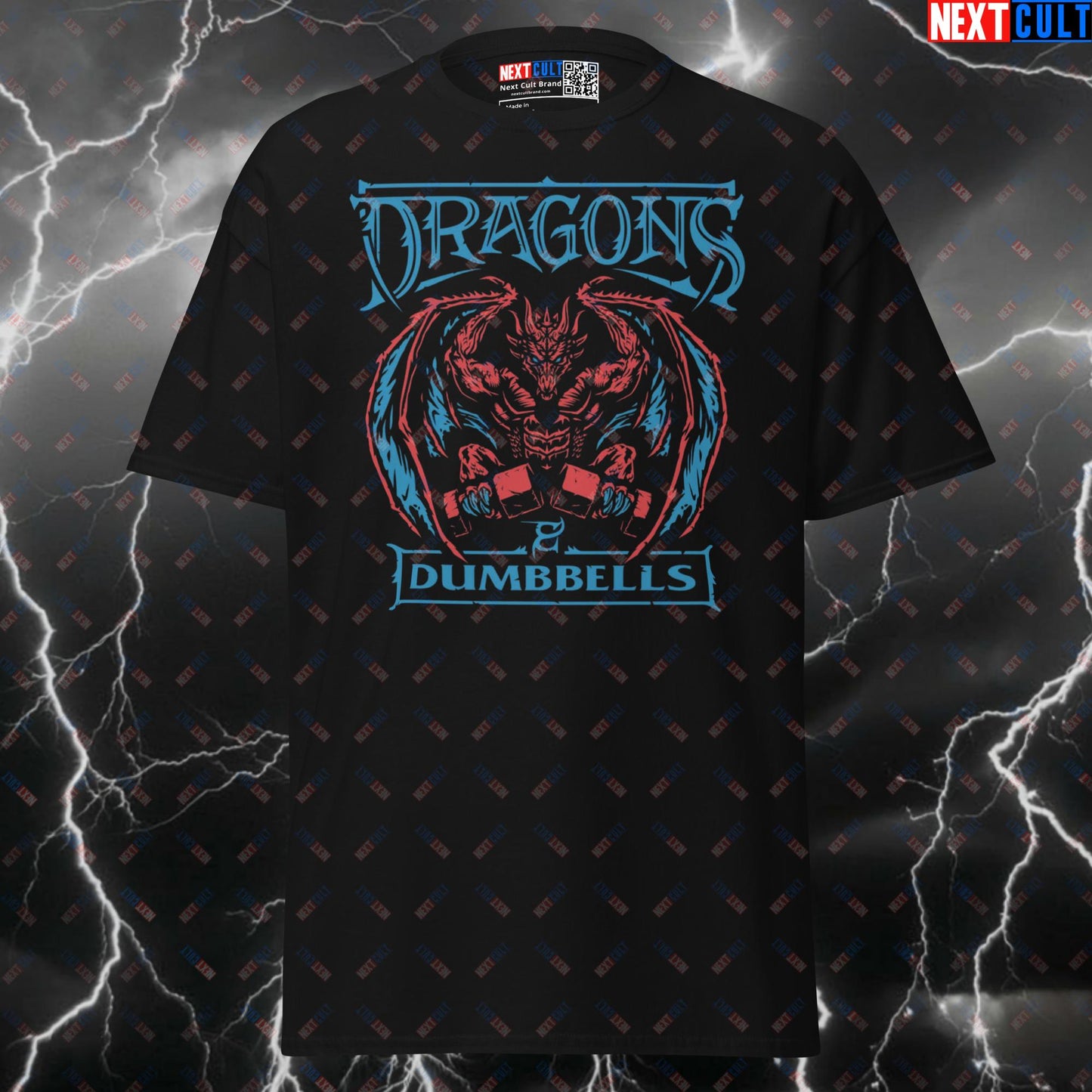 Dragons and Dumbbells Funny Gym Shirt | D&D Meme Graphic Tee for Lifters & Gymbros | Pump Cover Top T-shirts Bodybuilding Dungeons & Dragons Fitness Gym Pump Cover Workout Next Cult Brand