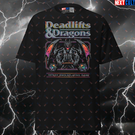 Deadlifts & Dragons Funny Gym T-Shirt | Fantasy Swoleplaying Game Pump Cover Tee T-shirts Bodybuilding Dungeons & Dragons Fitness Gym Leg Day Powerlifting Pump Cover Workout Next Cult Brand