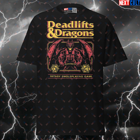 Deadlifts and Dragons Funny Gym Shirt | Fantasy Swoleplaying Meme Tee for Lifters & D&D Fans T-shirts Bodybuilding Dungeons & Dragons Fitness Gym Leg Day Powerlifting Pump Cover Workout Next Cult Brand