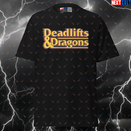 Deadlifts & Dragons Funny Gym T-Shirt | Fantasy Swoleplaying Meme Tee for Lifters & D&D Fans T-shirts Bodybuilding Dungeons & Dragons Fitness Gym Leg Day Powerlifting Pump Cover Workout Next Cult Brand