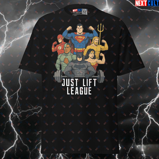 Just Lift League Superhero Gym T-Shirt - Funny Workout Meme Tee & Pump Cover Top for Bodybuilding Gains T-shirts Aquaman Batman Bodybuilding Films Fitness Flash Gym Justice League Pump Cover Superheroes Superman TV Wonder Woman Workout Next Cult Brand