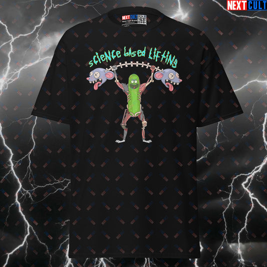 Science Based Lifting Pickle Rick Gym T-Shirt | Funny Workout Meme Tee & Pump Cover Top T-shirts Bodybuilding Fitness Gym Powerlifting Pump Cover Rick and Morty TV Workout Next Cult Brand