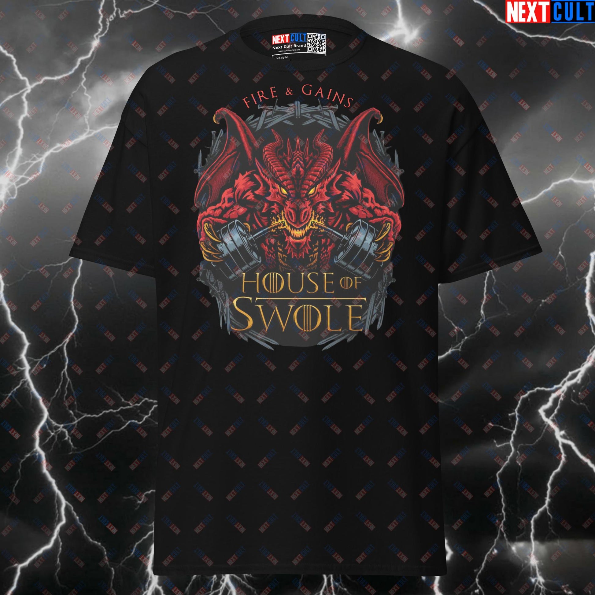 House Of Swole Fire And Gains Dragon Graphic Tee - Funny Gym Meme Shirt & Pump Cover T-shirts Bodybuilding Fitness Game of Thrones Gym House of the Dragon Powerlifting Pump Cover TV Workout Next Cult Brand