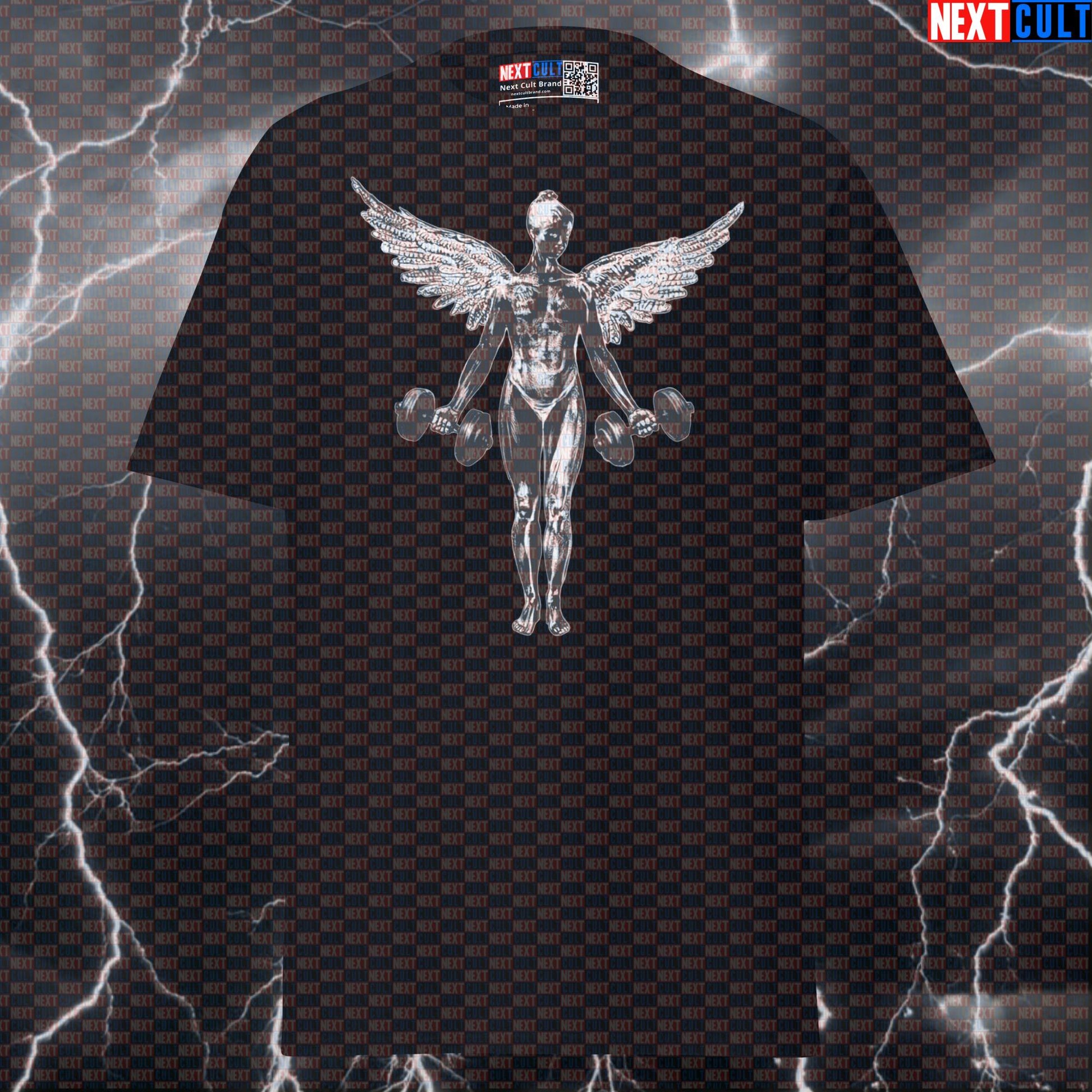 Gym Angel Smells Like Gym Spirit Funny Nirvana Graphic Tee | Grunge Meme Workout T-Shirt Pump Cover T-shirts Bodybuilding Fitness Gym Nirvana Powerlifting Pump Cover Rock Music Workout Next Cult Brand