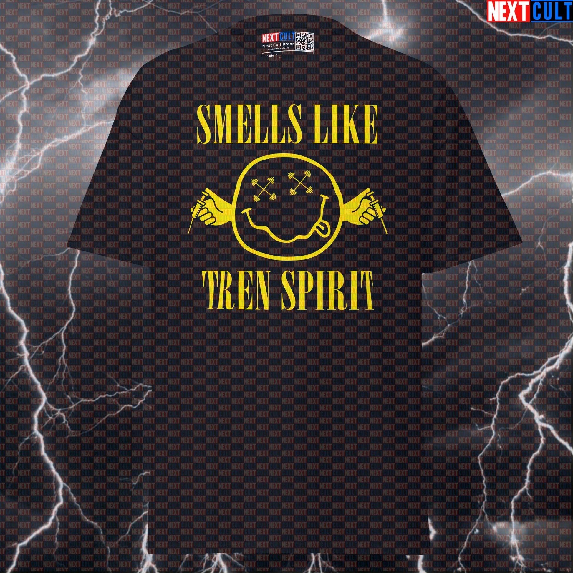 Smells Like Tren Spirit Funny Gym T-Shirt | Not Natty Grunge Graphic Tee & Pump Cover for Lifters T-shirts Bodybuilding Fitness Gym Nirvana Powerlifting Pump Cover Rock Music Steroids Workout Next Cult Brand