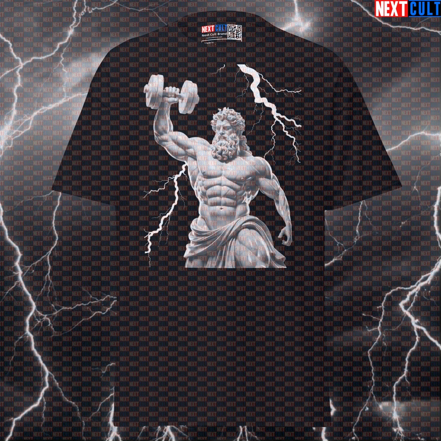 Zeus God of Gains Thunder & Lightning Bodybuilder Graphic Tee - Funny Gym Meme Pump Cover T-Shirt T-shirts Ancient Greece Bodybuilding Fitness Gym Pump Cover Stoicism Workout Next Cult Brand