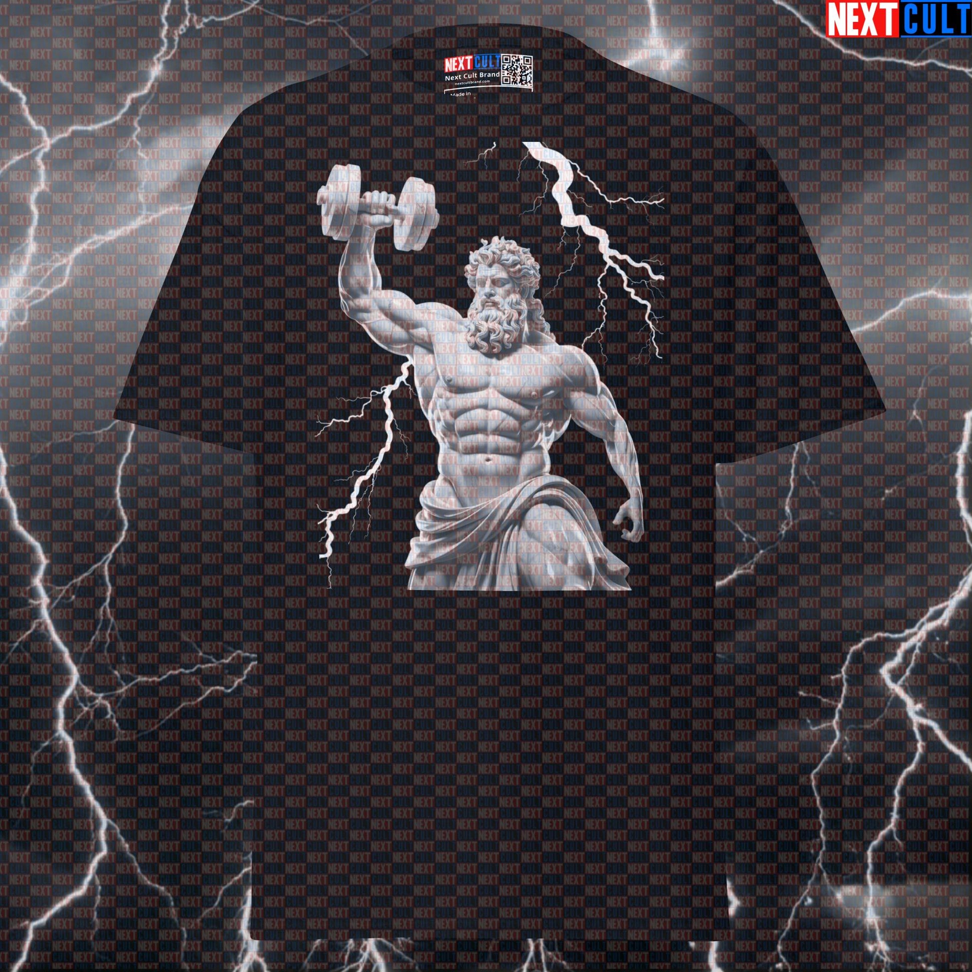 Zeus God of Gains Thunder & Lightning Bodybuilder Graphic Tee - Funny Gym Meme Pump Cover T-Shirt T-shirts Ancient Greece Bodybuilding Fitness Gym Pump Cover Stoicism Workout Next Cult Brand