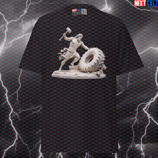 Forged in the Gym: Hephaestus God of Fire Iron & Gains Funny Sledgehammer Tire Slam Meme Tee T-shirts Ancient Greece Fitness Functional Fitness Gym Pump Cover Stoicism Workout Next Cult Brand