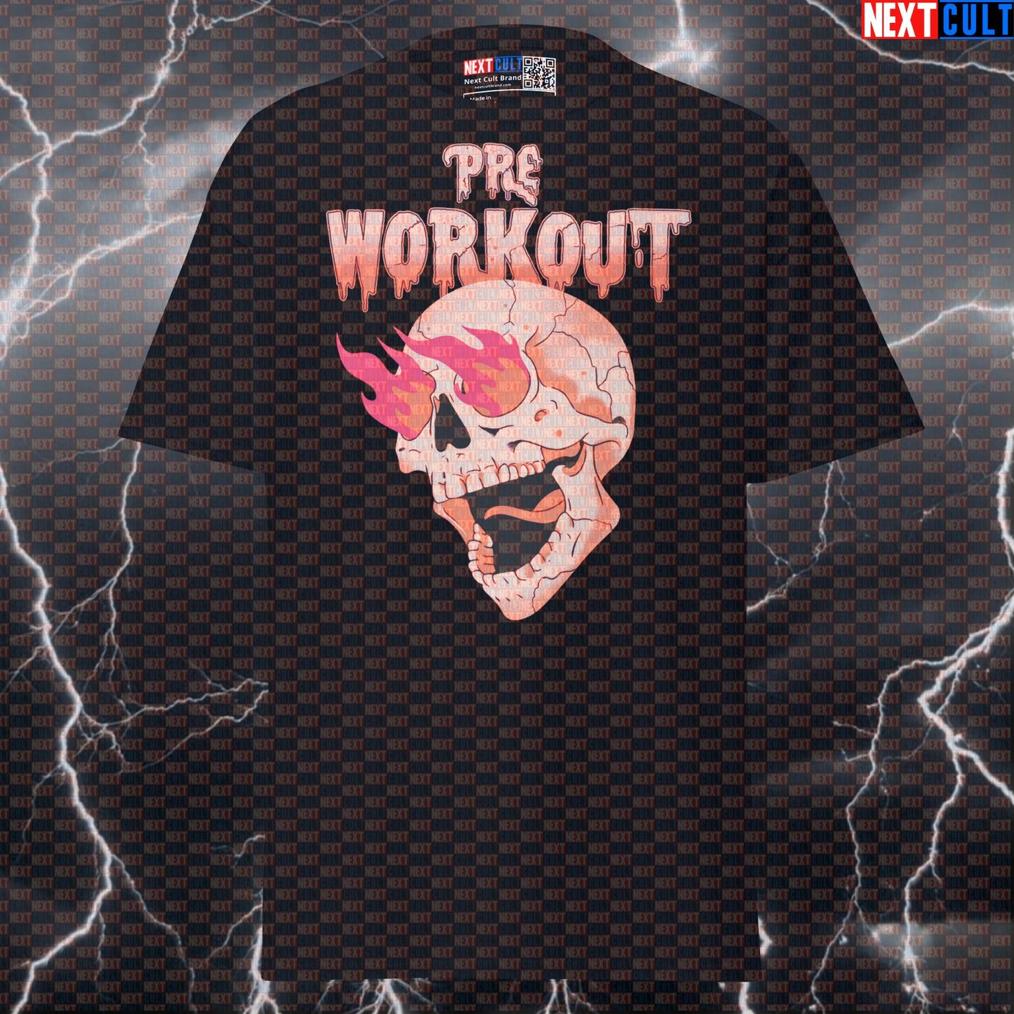 Crazy Preworkout Energy Graphic Tee - Funny Skull & Flames Gym Meme Pump Cover T-shirts Bodybuilding Fitness Gym Halloween Powerlifting Pump Cover Workout Next Cult Brand